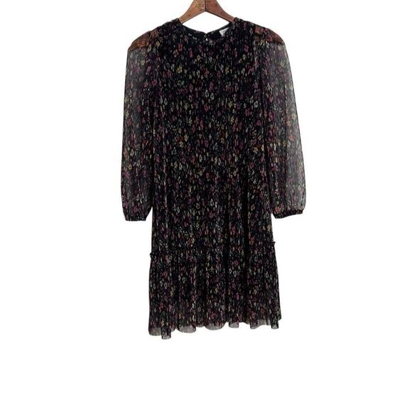 Zara Floral Pleated Sheer Sleeve Keyhole Back Tiered Mini Dress Black Size 11-12 - Picture 1 of 7